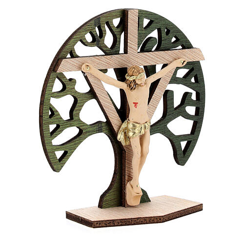Crucifijo mesa Árbol Vida madera Cristo resina 9,5 cm 3
