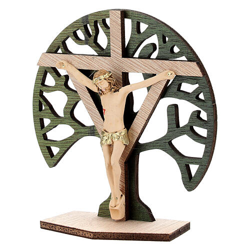 Crucifix de table Arbre de la Vie bois Christ résine 9,5 cm 2