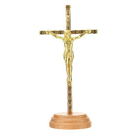Crucifixo de mesa dourado base madeira 12 cm