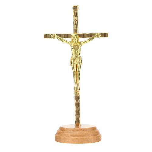Crucifixo de mesa dourado base madeira 12 cm 1