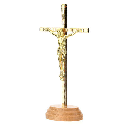 Crucifixo de mesa dourado base madeira 12 cm 2