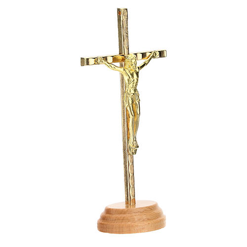 Crucifixo de mesa dourado base madeira 12 cm 3