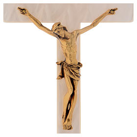 Crucifix in ivory fake pearl, golden metal corpus