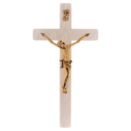 Crucifix in ivory fake pearl, golden metal corpus 1