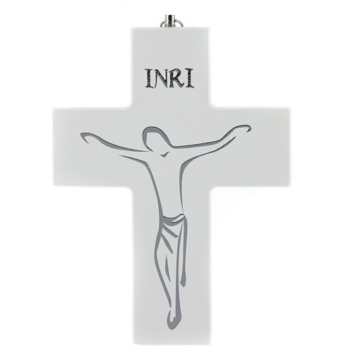 White wooden crucifix with silkscreen, to hang, 6 in 1