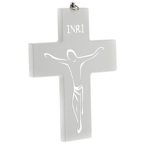White wooden crucifix with silkscreen, to hang, 6 in 2