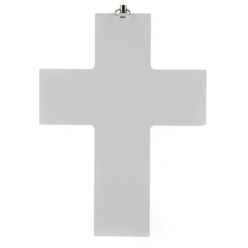 White wooden crucifix with silkscreen, to hang, 6 in 3