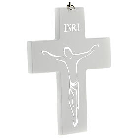 Crucifix bois blanc avec sérigraphie à suspendre 15 cm