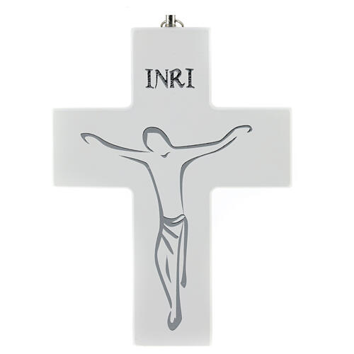 Crucifix bois blanc avec sérigraphie à suspendre 15 cm 1