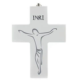 White wooden crucifix with hanging screen printing 15 cm