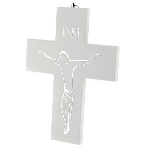 Wall crucifix with silkscreen, white wood, 8 in 2