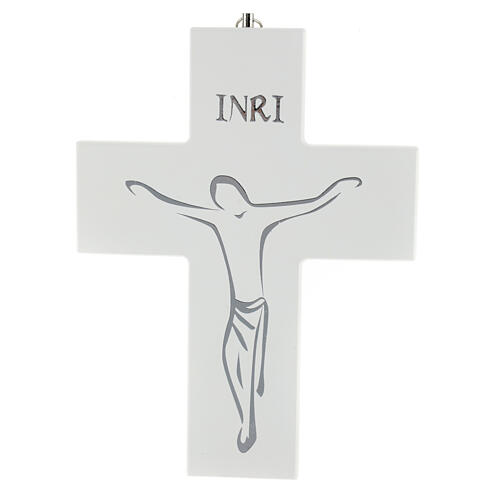 Hanging crucifix with screen printing 20 cm in white wood 1