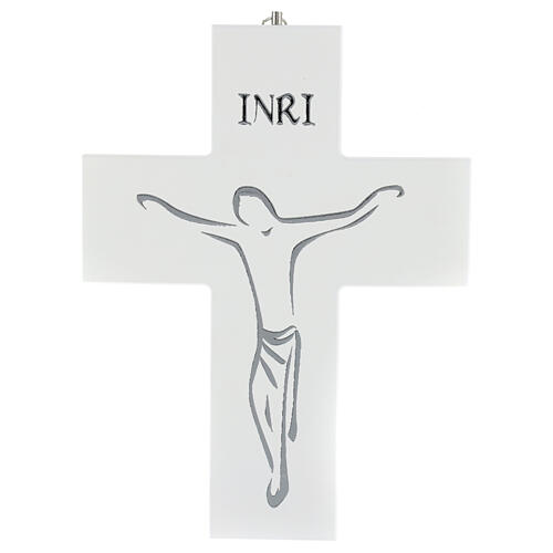 Wall crucifix, 10 in, white wood with silkscreen 1