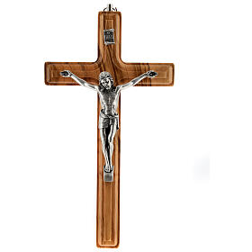 Crucifix mural bois d'olivier et métal 20 cm