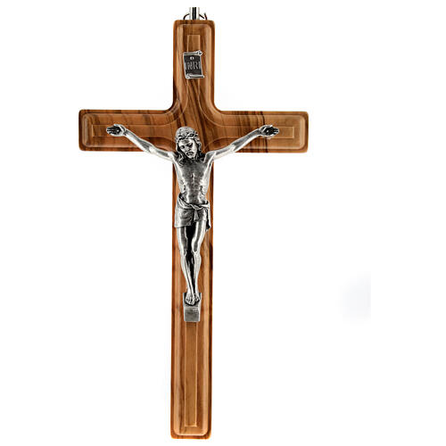 Crucifix mural bois d'olivier et métal 20 cm 1