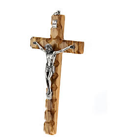 Olivewood wall crucifix with cube pattern, metallic body of Christ, 8 in