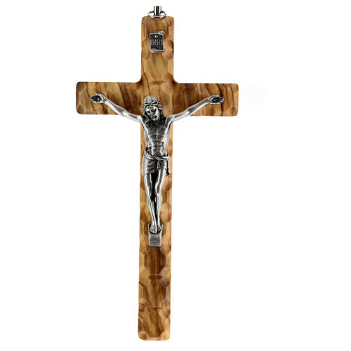 Olivewood wall crucifix with cube pattern, metallic body of Christ, 8 in 1