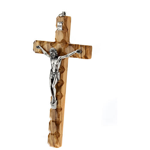 Olivewood wall crucifix with cube pattern, metallic body of Christ, 8 in 2