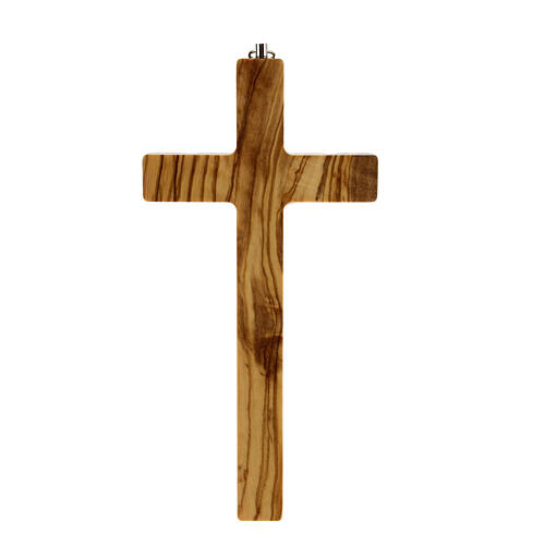 Olivewood wall crucifix with cube pattern, metallic body of Christ, 8 in 3