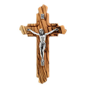 Kruzifix, Olivenholz und Metall, unregelmäßig geformte Kreuzenden, 20 cm