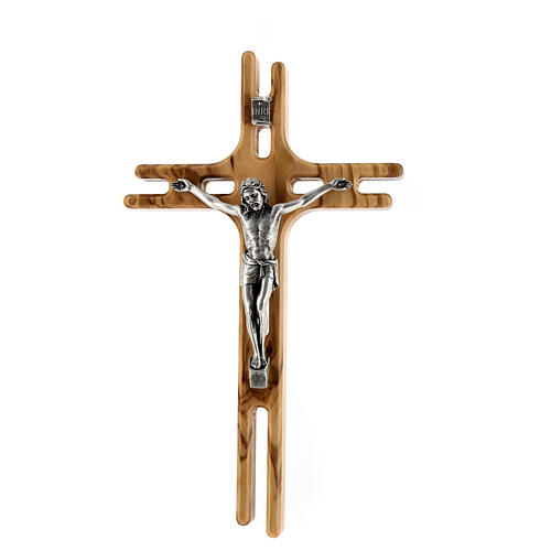 Crucifix moderne bois olivier métal 20 cm 1