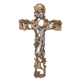 Crucifixo prateado dourado uva e ramos 13 cm