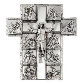 Crucifijo plateado 14 estaciones Vía Crucis y Cristo Resucitado