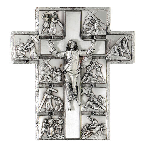 Crucifijo plateado 14 estaciones Vía Crucis y Cristo Resucitado 2