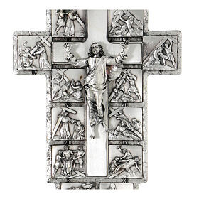 Silver Crucifix with 14 Stations of the Cross and Resurrected Jesus