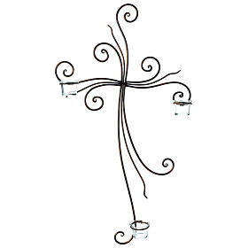 Wall cross in metal with 3 candle holders in glass 75x45 cm