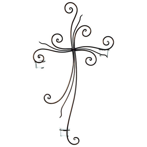 Wall cross in metal with 3 candle holders in glass 75x45 cm 3