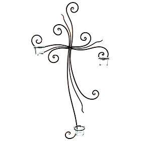Krzyż na ścianę metal, 3 pojemniczki na świeczki szkło, 75x45 cm
