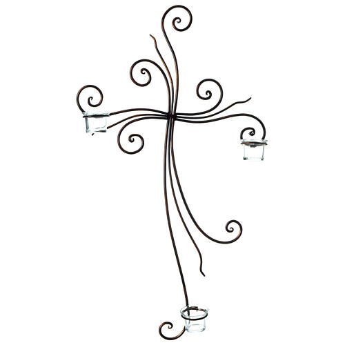 Krzyż na ścianę metal, 3 pojemniczki na świeczki szkło, 75x45 cm 1