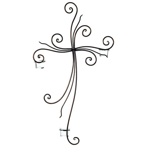 Crucifixo de parede metal 3 porta-velas vidro 75x45 cm 3