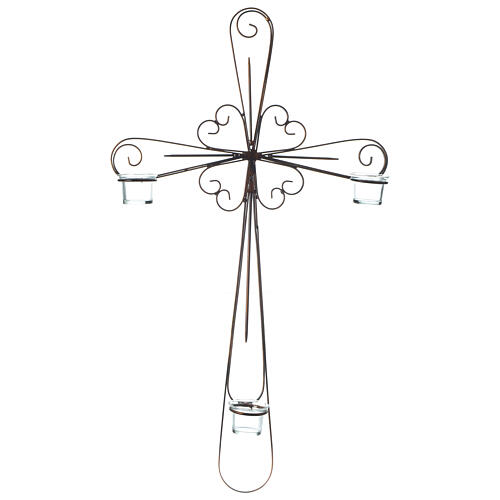 Crucifixo de parede metal decoro 3 porta-velas vidro 75x45 cm 1