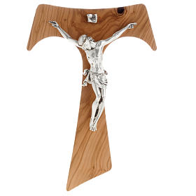Olive wood tau body of Christ in silvery metal 37 cm