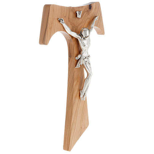 Krzyż Tau drewno oliwne metal posrebrzany 37cm 3