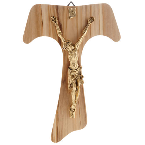 Olive wood tau body of Christ in gilded metal 26 cm 1