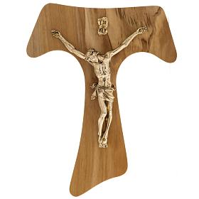 Krzyż Tau drewno oliwne metal pozłacany 19,5cm