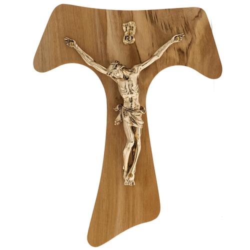 Krzyż Tau drewno oliwne metal pozłacany 19,5cm 1
