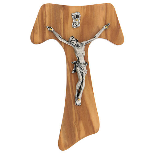 Krzyż Tau metal posrebrzany drewno oliwne 1