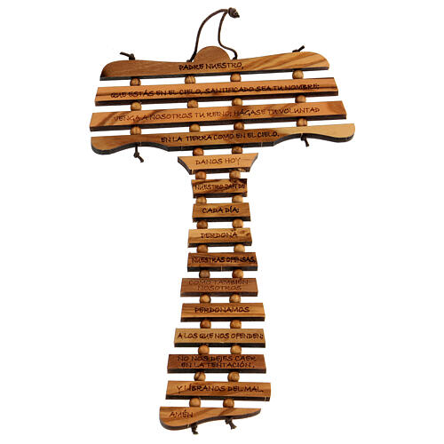 Tau cross in olive wood with prayer in SPANISH 1