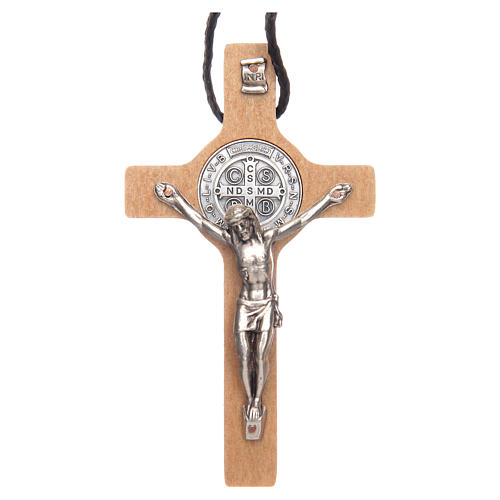 Saint Benedict cross pendant in natural wood 1