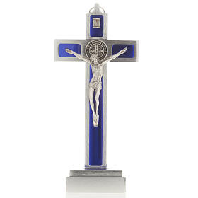 Cruz de mesa de latón con esmalto azul de Jesús