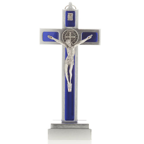 Cruz de mesa de latón con esmalto azul de Jesús 1