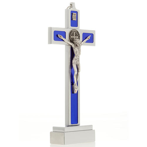Cruz de mesa de latón con esmalto azul de Jesús 8