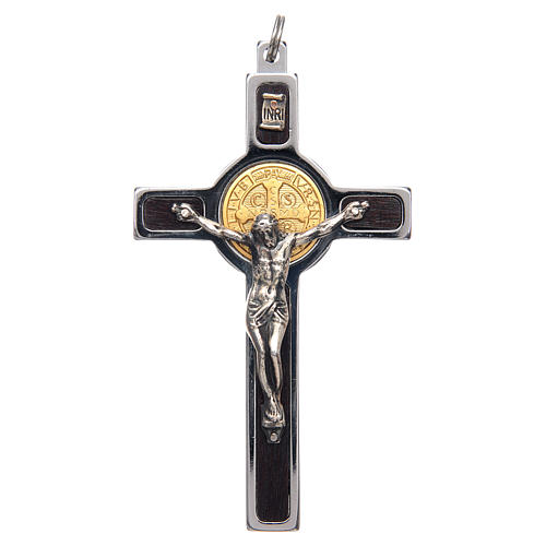 Pendente Croce San Benedetto acciaio, argento 925, oro 18K 1