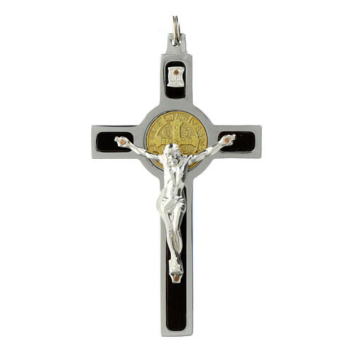 Pendente Croce San Benedetto acciaio, argento 925, oro 18K 1