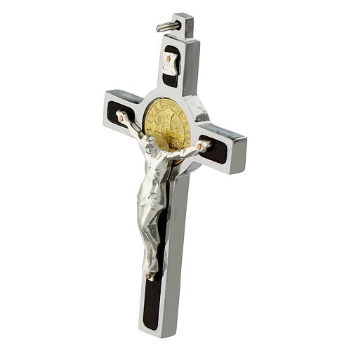 Pendente Croce San Benedetto acciaio, argento 925, oro 18K 2