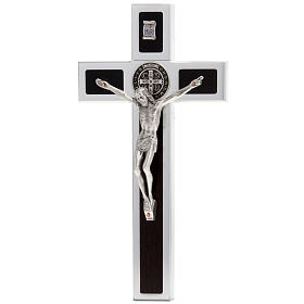 Kreuz Sankt Benedikt aus Aluminium und Holz, 40x20cm.